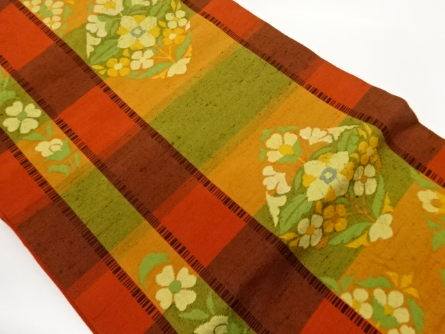 JAPANESE NAGOYA OBI / TSUMUGI / WOVEN STRIPE & FLOWER